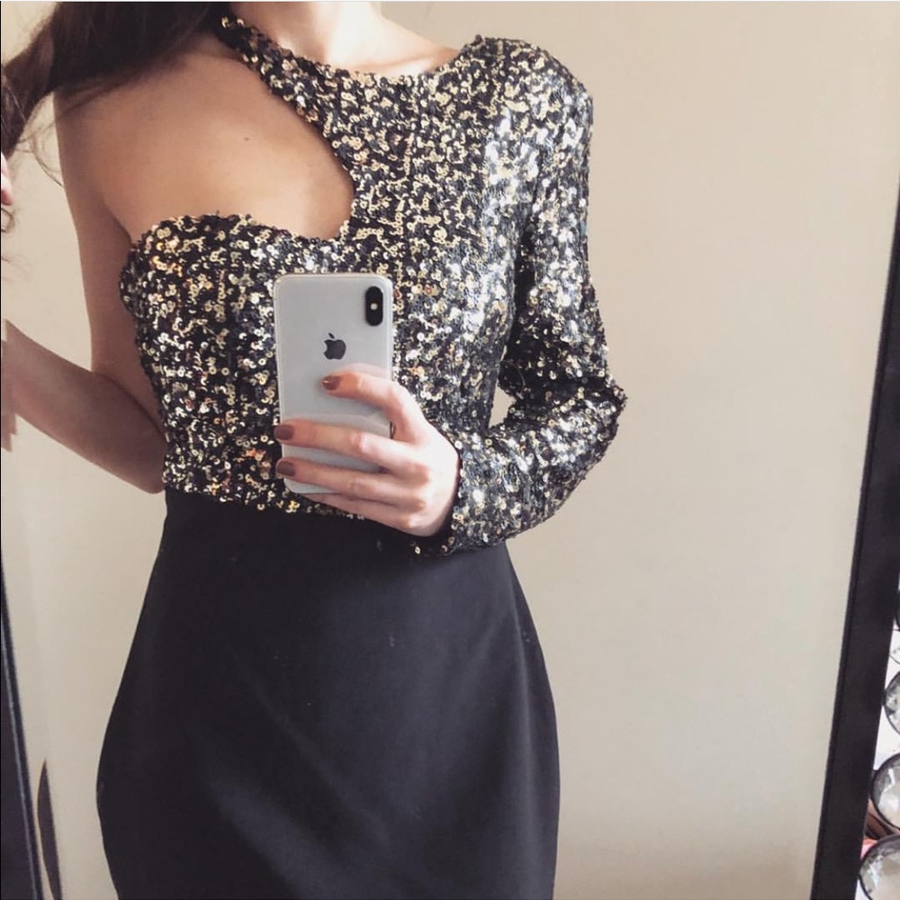 Arden B NWT Black Sequin Padded One Shoulder Dress Wedding Guest Off Shoulder